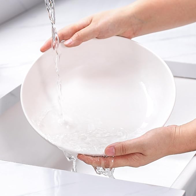 DOWAN 9.75" Pasta Bowls Set of 4, Large Shallow White Ceramic Salad Bowls, 50oz Wide Dinner Bowls for Pasta, Soup, Salad & Stew, Microwave & Dishwasher Safe, Housewarming Gift