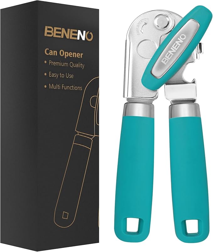 Beneno Can Opener Manual with Magnet, Hand Held Heavy Duty Can Opener with Durable Sharp Blade Smooth Edge, Big Effort-Saving Knob, Soft Grip Rubber Handle, Multifunctional Bottle Opener, Turquoise
