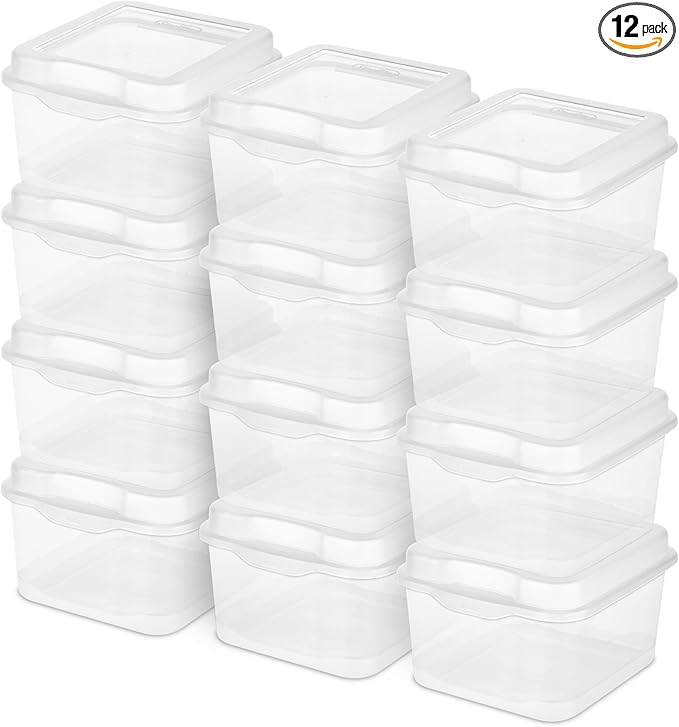 Sterilite 12-Pack FlipTop Stackable Square Small Storage Bin with Hinging Lid, Clear