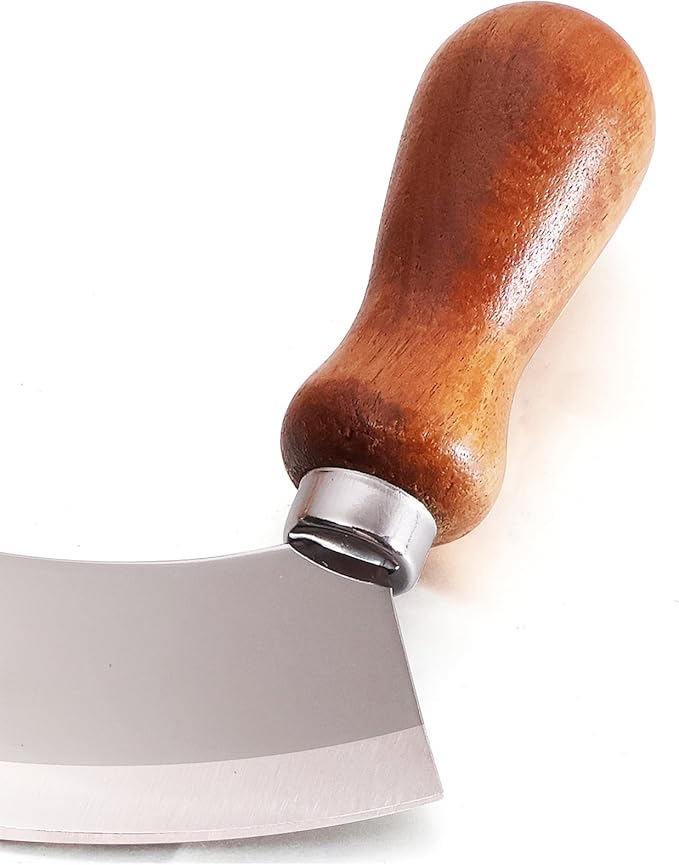 5.4 Inch Stainless Steel Mezzaluna Knife - Salad Chopper Rocker Pizza Cutter Rocker Knife Curved Blade Sharp Blade Double Acacia Wood Handle Fruit Vegetable Mincing (5.4 Inch Silver)