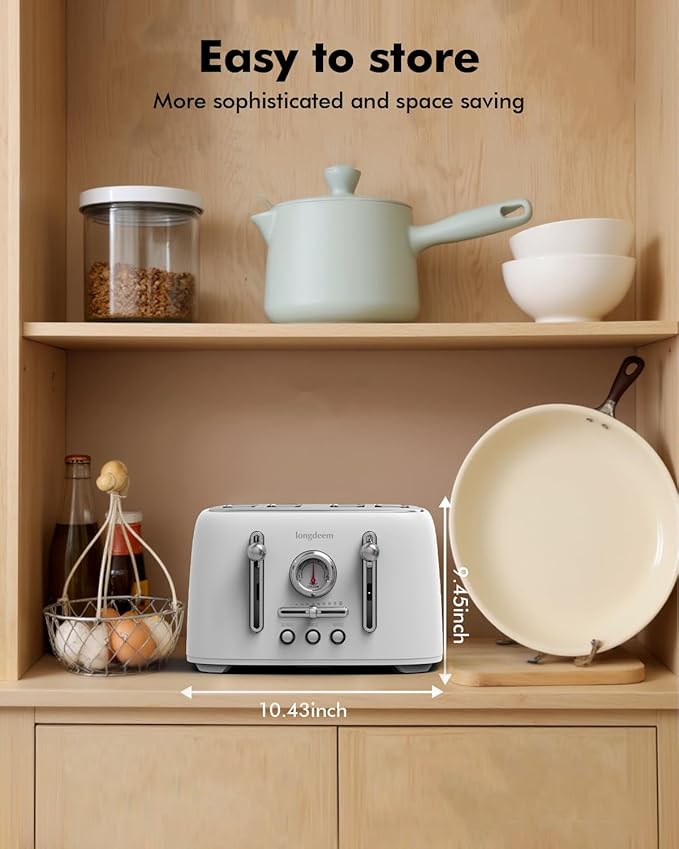 4-Slice Stainless Steel Toaster with 1.6" Wide Slots, Retro Bagel Toaster with 6 Browning Levels, Defrost/Bagel/Cancel, Removable Crumb Tray, Cute White
