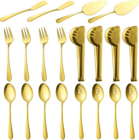 BEWOS Gold Serving Utensils, 20-Piece Serving Utensils set, Gold Serving Spoons, Slotted Spoons, Tongs, Forks, Cake Server, Butter Knife, Stainless Steel Serving Utensils for Parties, Dishwasher Safe