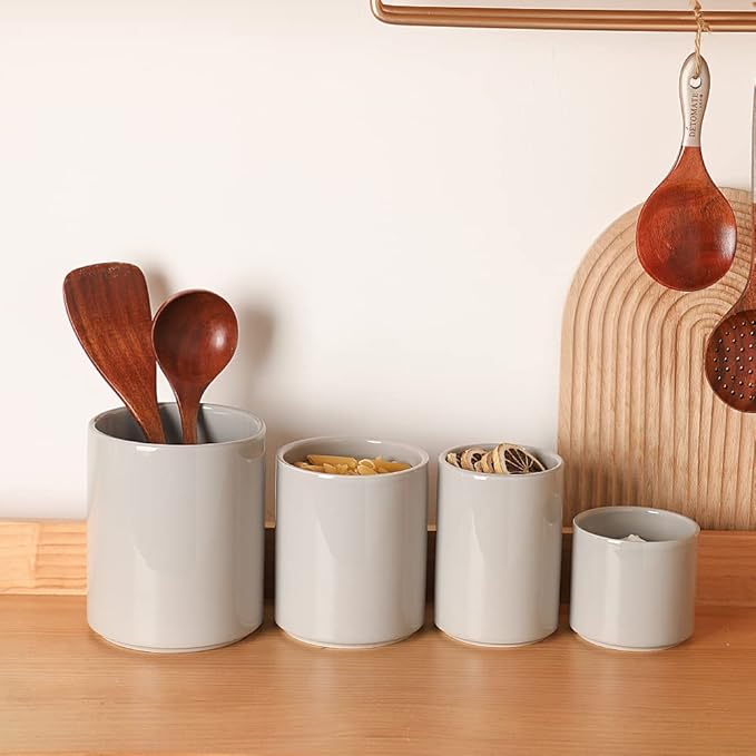 Sweejar Ceramic Kitchen Canister Sets, Porcelain Container for Countertop, Heavy Food Storage Jars with Airthight Seal Bamboo Lid, Servering for Sugar, Coffee Beans, Tea Leaves, Pack of 4（Gray）