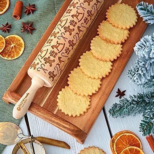 Christmas Wooden Rolling Pin for Baking Engraved Embossing Rolling Pin Cookie Stamps Roller Square Grid Cookies Mold Kitchen Decor Tools for Baking Embossed Cookies (Gingerbread Man)