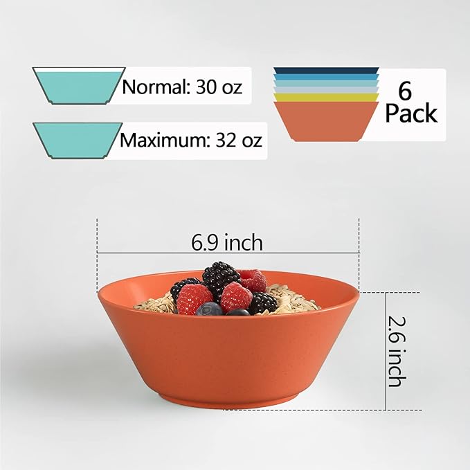 Unbreakable Large Cereal Bowls Set of 6, 32 Ounce BPA-Free Microwave and Dishwasher Safe Salad Bowls, Stackable Color Kitchen Set for Serving, Soup, Oatmeal, Pasta, Noodles - 6 Colors