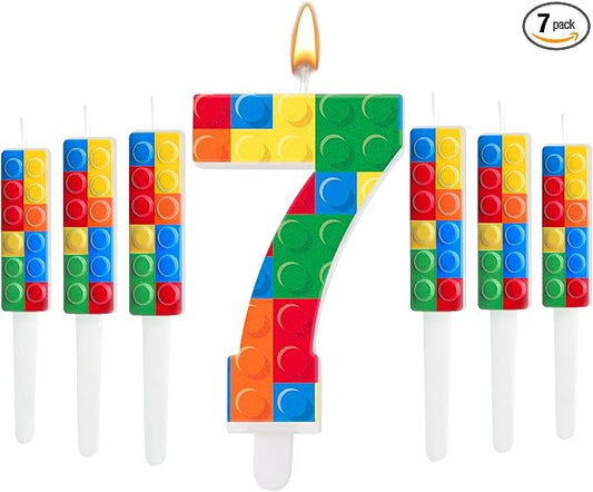 7 Pcs Building Block Themed Birthday Candles Set Building Blocks Number 7 Candle Cake Topper for Building Block Party Decoration Supplies (Number 7)