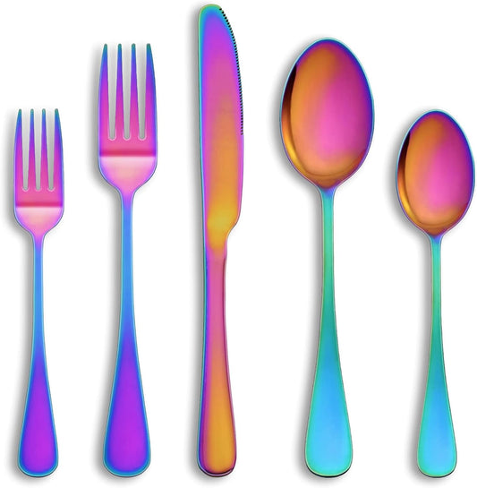 30 Pcs Rainbow Silverware Set Service for 6,Stainless Steel Flatware Serving Sets,Kitchen Tableware Set,Utensil Set for Home and Restaurant,Knives Forks Spoons Set,Mirror Polished,Dishwasher Safe