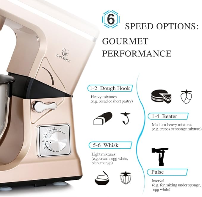 Stand Mixer,5.3-Qt & 500W & 6+P Speed MK36 Tilt-Head Kitchen Electric Food Mixers Home Baking Dough Machine with Accessories (Champagne)