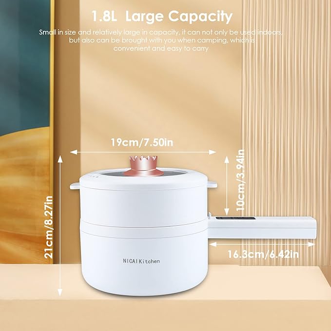 Electric Hot Pot,1.8L Electric Cooker Steamer, Multifunctional Non-stick Pan,Suitable For Ramen, Steak, Egg,Rice, Oatmeal, Soup Smart Button, Gold