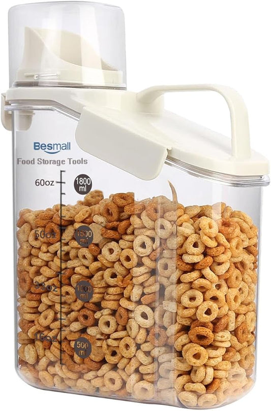 Cereal Containers Storage,2L Airtight Large Dry Food Storage Containers with Pouring Spout, Measuring Cup for Flour and Grain,BPA Free Plastic Dispenser ((1pcs) White-67oz)