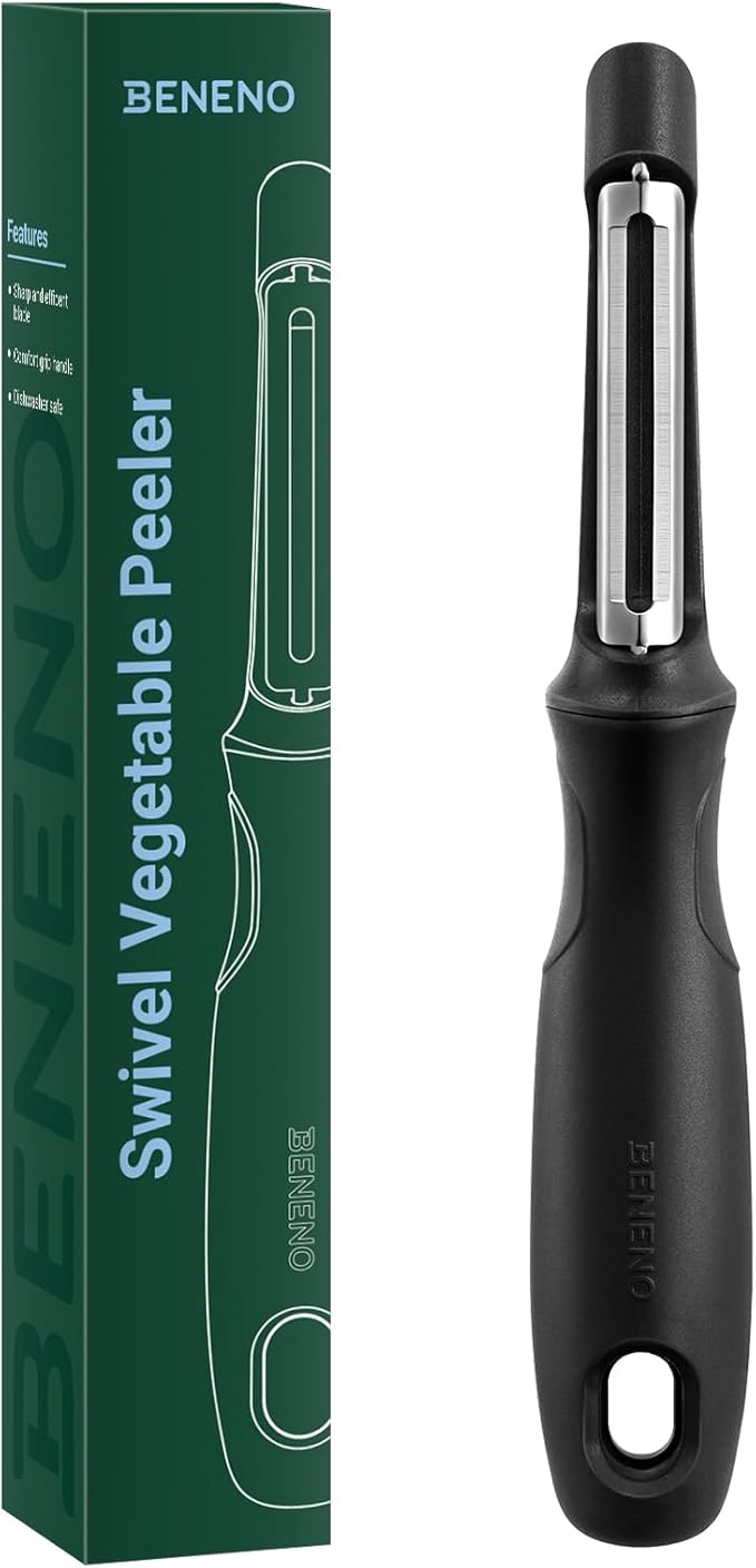 Beneno Swivel Vegetable Peeler, Razor-Sharp Smooth Peeling Stainless Steel Blades, Ergonomic Comfort Non-Slip Rubber Handle, Durable Kitchen Peeler Tool with Potato Eye Remover, Dishwasher Safe, Black