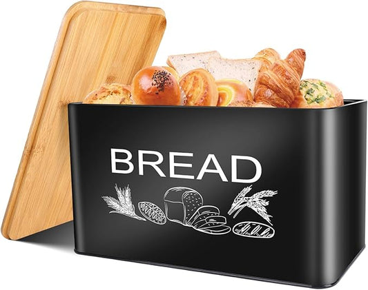 JIGUOOR Black Bread Box, Extra Large Space Saving Vertical Metal Bread Box with Wooden Cutting Board Lid, Holds 3 Loaves, Farmhouse Kitchen Bread Storage, Kitchen Parts Box 12.99" x 7.08" x 7.08"