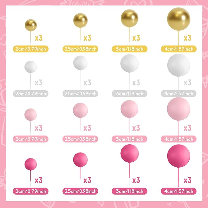 48 Pcs Balls Cake Topper Decorations Balloon Cupcake Toppers Foam Cake Topper Balls Cake Balls Decorations for Birthday Party Wedding Anniversary Cake Decorating (Rose Red, Pink, White, Gold)
