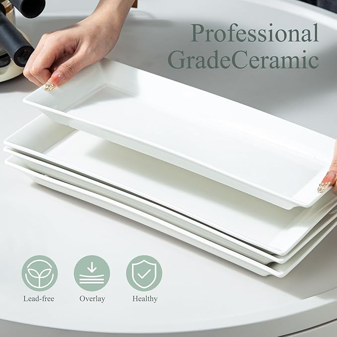 Rectangular Ceramic Serving Platters Set of 4, 14 inch Large Porcelain Serving Plates, White Appetizer Trays, Dishwasher Safe Plates for Steak, Charcuterie, Thanksgiving Turkey, Desserts