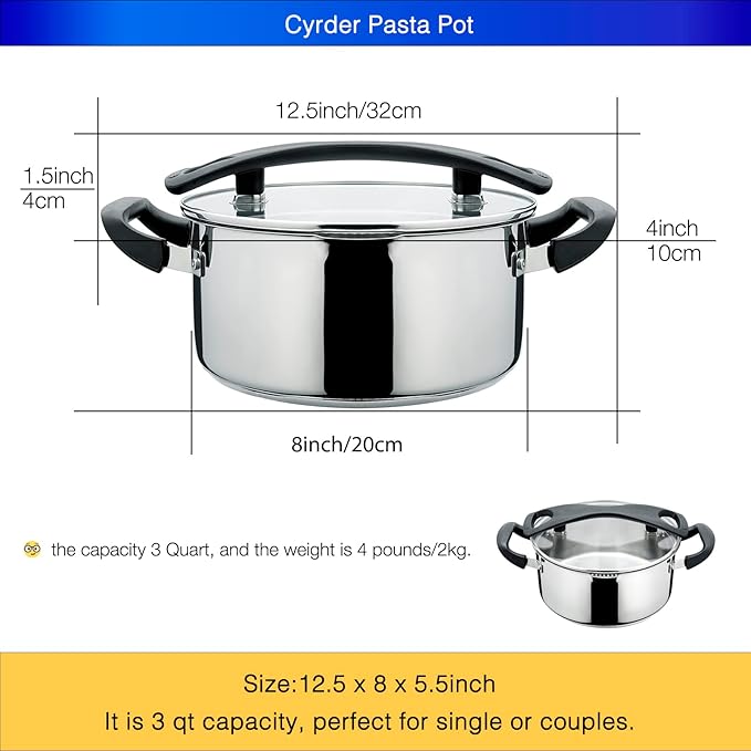 Stainless Steel Pasta Pot- Induction Pasta Pot with Strainer, Easy Stain &Perfect for Single and Couple, Dishwasher Safe, 3 Quart