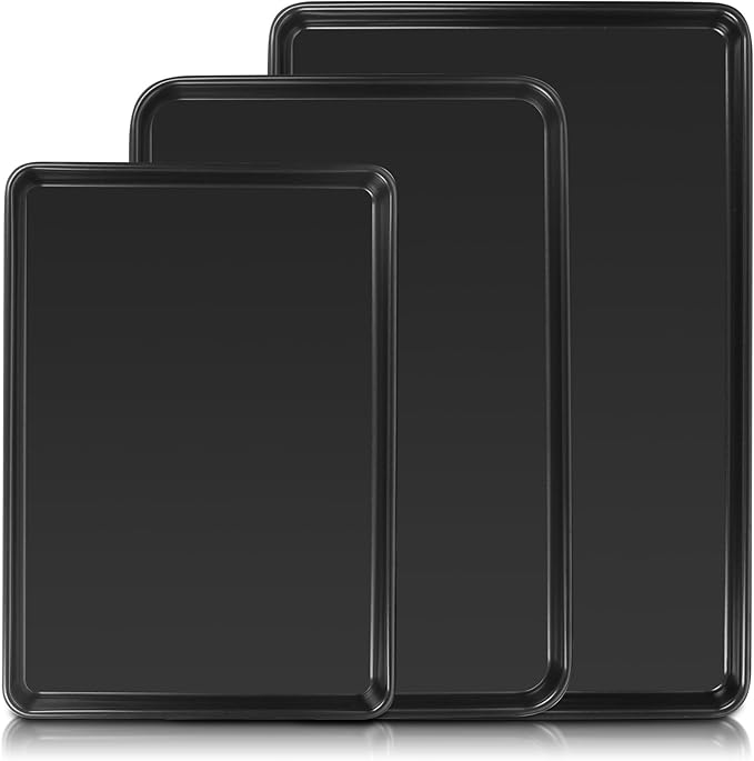 Baking Sheet Pan Set of 3, Commercial Cookie Sheets for Baking, Nonstick Half/Quarter/Jelly Roll Pans Replacement Toaster Oven Tray, Heavy Duty & Easy Clean, Dark Black