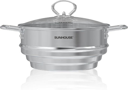 SUNHOUSE 5 Quart Stainless Steel Steamer Insert – Multi-Purpose Soup & Food Steamer with Stay-Cool Handles & Heavy-Duty Glass Lid – Fits Various Pot Sizes (8", 9", 9.5")