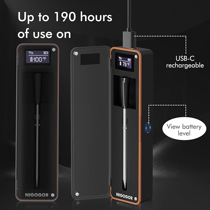 Smart Wireless Meat Thermometer with Thinnest Probe, Bluetooth Food Thermometer, Remote Tracking and Real-Time Readings from Apps, for iOS and Android, for BBQ, Grill, Smoker