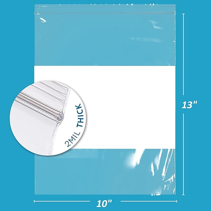 10" x 13" Large Zip Bags, 2 Mil Thick Clear Plastic Reclosable Zipper Lock Bags with Write-on White Block, with Resealable Zip Top Lock for Food Storage & Office Supplies, 200 Count