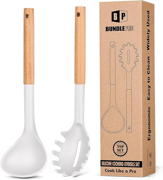 Silicone Pasta Fork and Ladle Spoon Set with Wooden Handle, Heat Resistant Non Stick Kitchen Utensils for Cooking, Stirring, Serving Spaghetti, Soup, Sauce(WHITE)