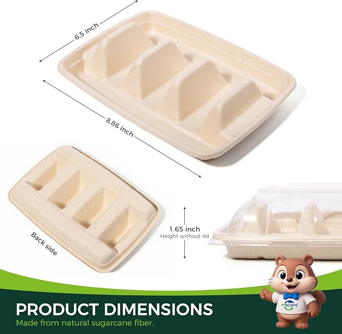 50-Pack 100% Compostable Biodegradable Paper Taco Holders, Eco-Friendly Disposable Paper Taco Tray for Taco Tuesday, Lazy Susan Taco Bar (50-Pack with lids)