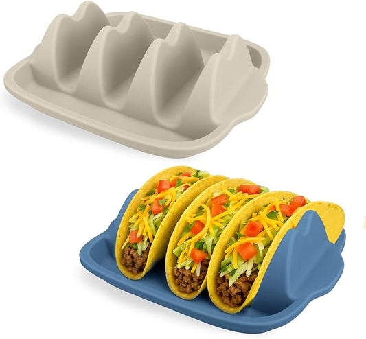 Silicone Taco Holders Set of 2 - Reusable Taco Stand with Dividers for Hard/Soft Shells, Microwave & Dishwasher Safe, Non-Slip Taco Serving Plates for Taco Tuesday, Party, Fiesta（white + navy）