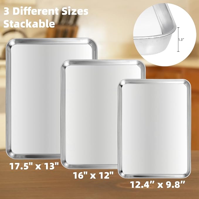 Baking Sheet Set of 3, Heavy-Duty Stainless-Steel Baking Pans, Cookie Sheets Cooking Trays for Oven, 3 Different Sizes (12/16/17.5 Inch)
