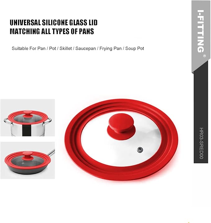 Universal Lid for Pot,Pan,Skillet Fits 6.5",7",8" Cookware Silicon lid Dishwasher Safe, Replacement Lid Vented Tempered Glass with Heat Resistant Silicone Rim By HR Huare Technology, Red,1 Pack