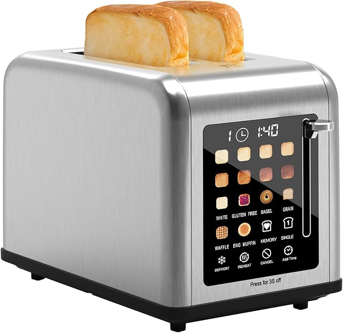 2 Slice Toaster Touch Screen, Stainless Steel Toasters Digital Timer 2 Slot Toasters, 8 Shade Settings 6 Bread Types for Bagel, Cancel, Defrost（Stainless Steel）