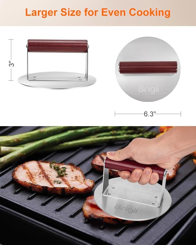 Brigii Burger Press Smasher, 1.5lb Heavy-Duty Stainless Steel, with Flat Nonstick Surface and Wooden Handle, for Hamburger Patty, Bacon, Steak, BBQ Grilling, Dishwasher Safe