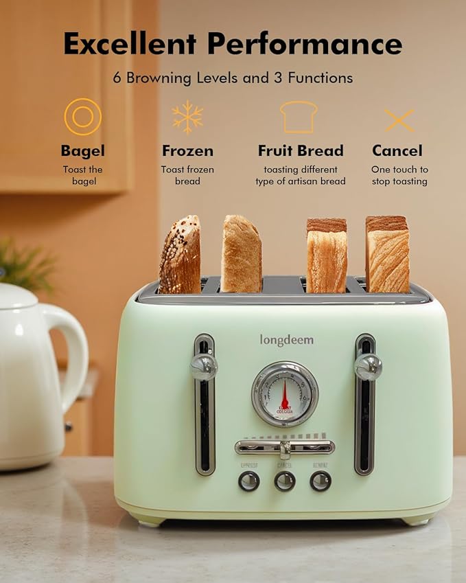 Retro 4-Slice Toaster 1.6" Wide Slots - 6 Toast Settings with Bagel Function, Stainless Steel Body, Defrost/Cancel Button & Crumb Tray, Vintage Green