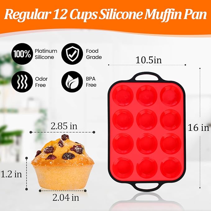 CAKETIME Silicone Muffin Pan with Metal Reinforced Frame Regular Size Muffin Pan with Handle Easy to Move 12 Cups for Baking Nonstick Muffin Tin BPA Free 1 Pack