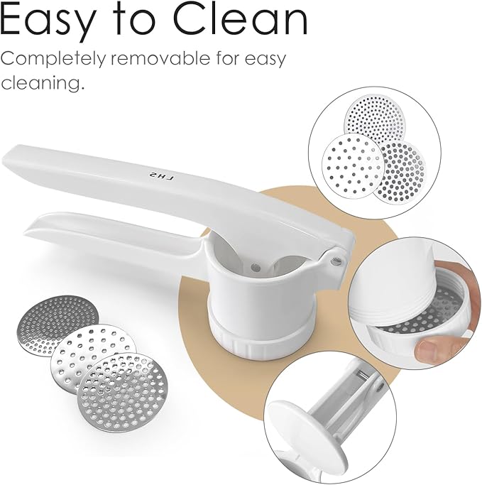 LHS Potato Ricer, Potato Masher for Potatoes with 3 Interchangeable Discs, Large Capacity Potato Masher and Ricer Kitchen Tool for Fruit, Vegetables, Baby Food, White