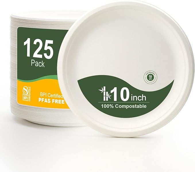 WELLIFE 10 Inch Paper Plates, 125-Pack 100% Compostable Heavy Duty Disposable Plates Bulk, Biodegradable Bagasse, Eco-Friendly, PFAS-Free | BPI Certified | Microwaveable
