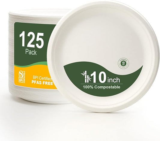 WELLIFE 10 Inch Paper Plates, 125-Pack 100% Compostable Heavy Duty Disposable Plates Bulk, Biodegradable Bagasse, Eco-Friendly, PFAS-Free | BPI Certified | Microwaveable