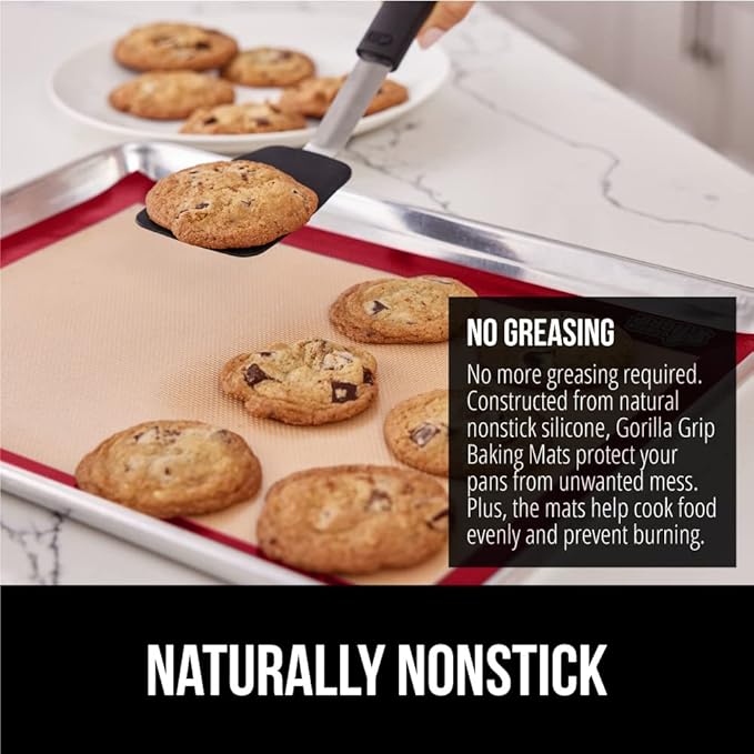 GORILLA GRIP Reusable Nonstick Silicone Baking Mat, 2 Pack, 16.5x11.87, BPA-Free Oven Safe Food Liner, For Cookie Sheets, No Mess Easy Clean Pastry Mats, Kitchen Essential, Half Sheet Size, Red
