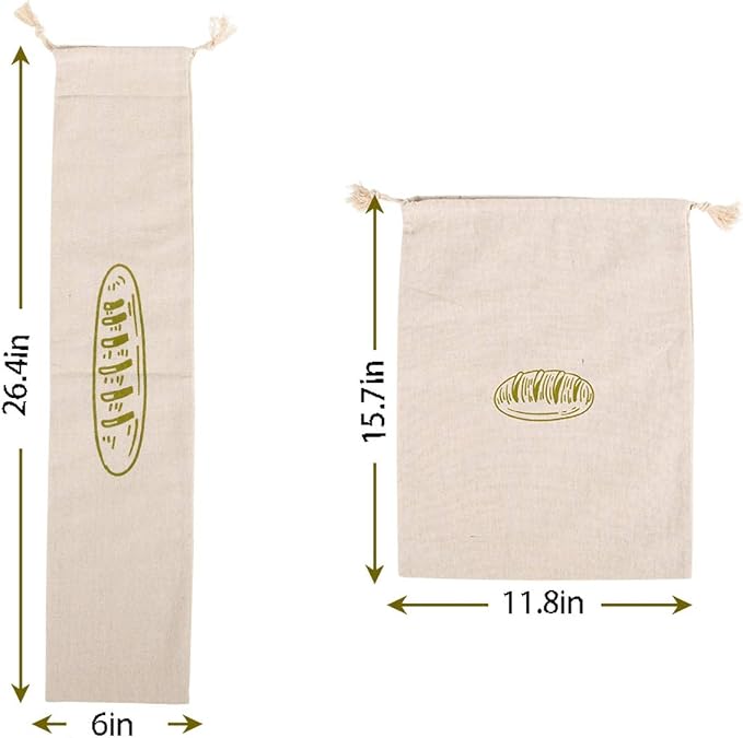 Ahyuan Natural Linen Bread Bags 2Pack 100% Flax Linen for Homemade Bread Reusable Food Storage Bags Reusable Bread Bags for Large Loaf Bakery & Baguette (Rectangular)