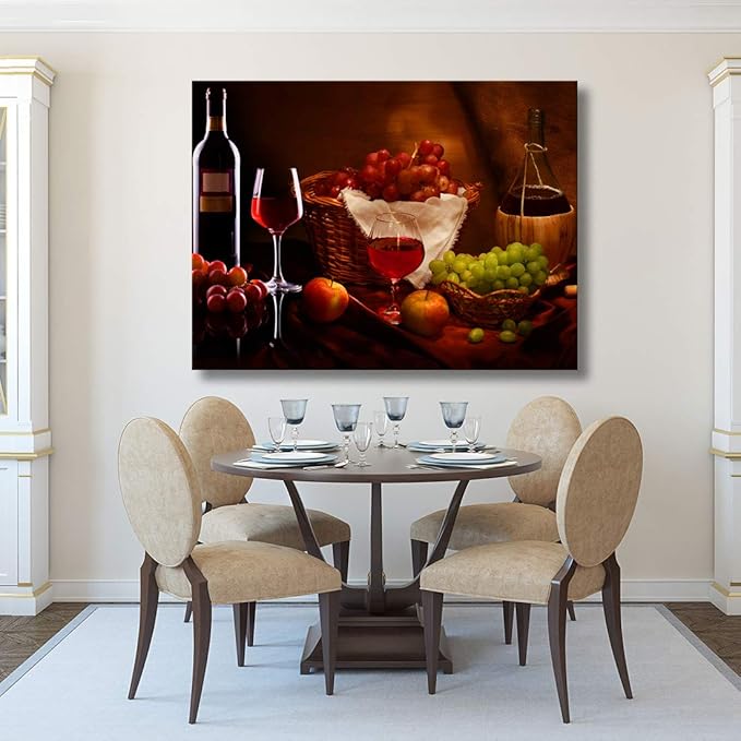 Looife Kitchen Still Life Canvas Wall Art, 30x20 Inch Gallery Wrapped Wine Cup with Grapes Picture Prints Wall Decor, Food Art Deco for Dining Room and Bar