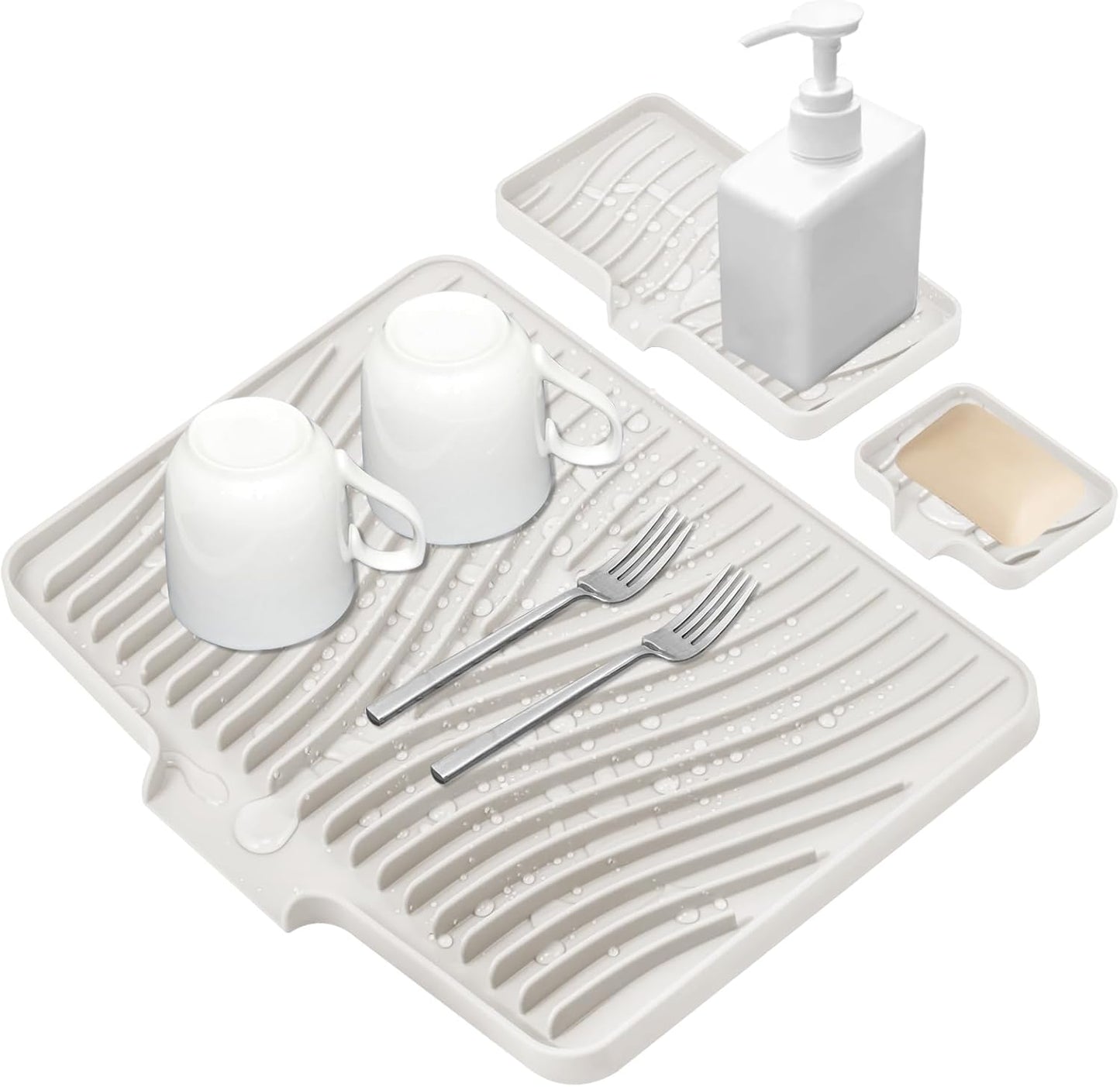 Silicone Dish Drying Mat for Kitchen Counter, Dish Drying Pad, Non-Slip Drain Pad with Built-in Drain, Heat Resistant Stone Drying Mat, 3 pcs (Cream)