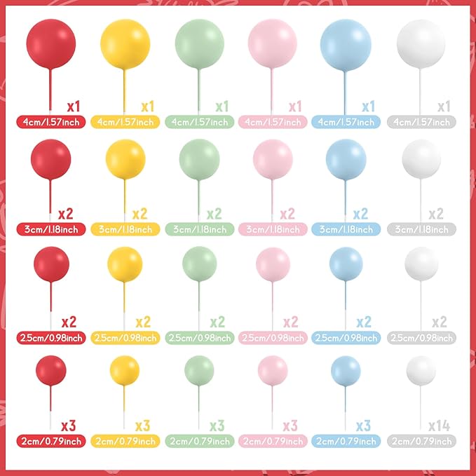 48 Pcs Balls Cake Topper Decorations Balloon Cupcake Toppers Foam Cake Topper Balls Cake Balls Decorations for Birthday Party Wedding Cake Decorating(Red,Yellow,Green,Pink,Blue,White)