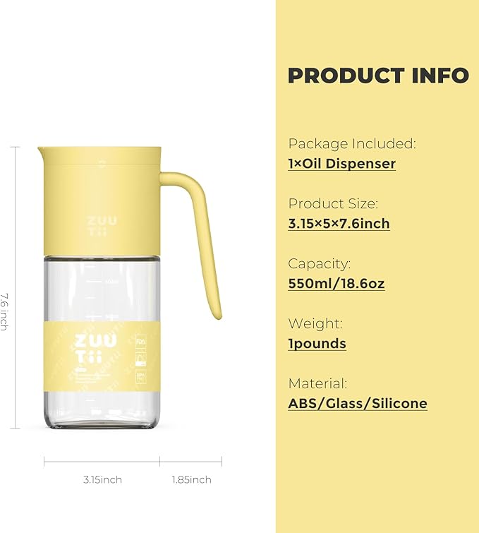 Zuutii Olive Oil Dispenser Bottle 18.6oz – Auto Flip Glass Vinegar Bottle with No-Drip Spout for Kitchen Cooking, Oil and Sauce Dispenser,Yellow