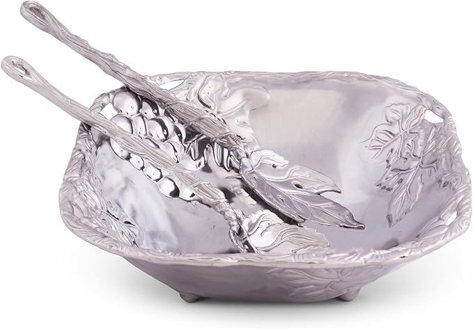 Arthur Court Designs Metal 3-Pc Grape Salad Set Bowl and Server in Grape Pattern Sand Casted in Aluminum with Artisan Quality Hand Polished Design Tarnish-Free 9.5 Inch Diameter