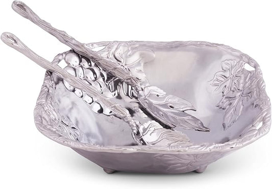 Arthur Court Designs Metal 3-Pc Grape Salad Set Bowl and Server in Grape Pattern Sand Casted in Aluminum with Artisan Quality Hand Polished Design Tarnish-Free 9.5 Inch Diameter