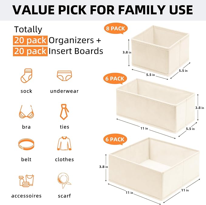Criusia Drawer Organizer Clothes, 20 Pack Dresser Organizer Bins for Nursery Bedroom, Closet Organization and Storage Dividers for Clothing, Baby Clothes, Underwears, Socks (Beige)