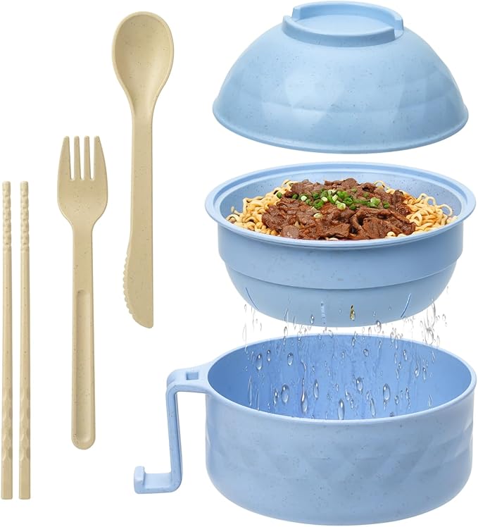 Ramen Cooker,32oz Ramen Bowl Set,Microwave Ramen Bowl, Microwave Bowl with Lid, Portable Noodle Bowls,for Home Office Dorm Room College gift (Light Blue)