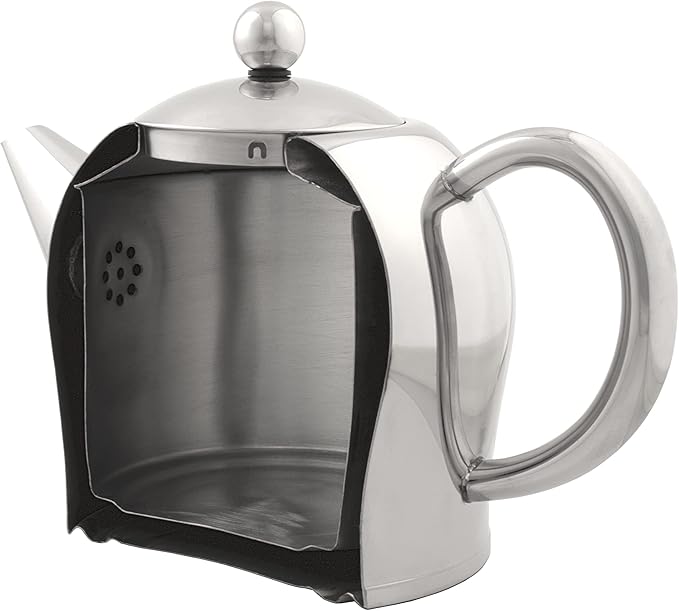 Santhee Double Walled Teapot, 1.0-Liter Stainless Steel Glossy Finish with Glossy Accents