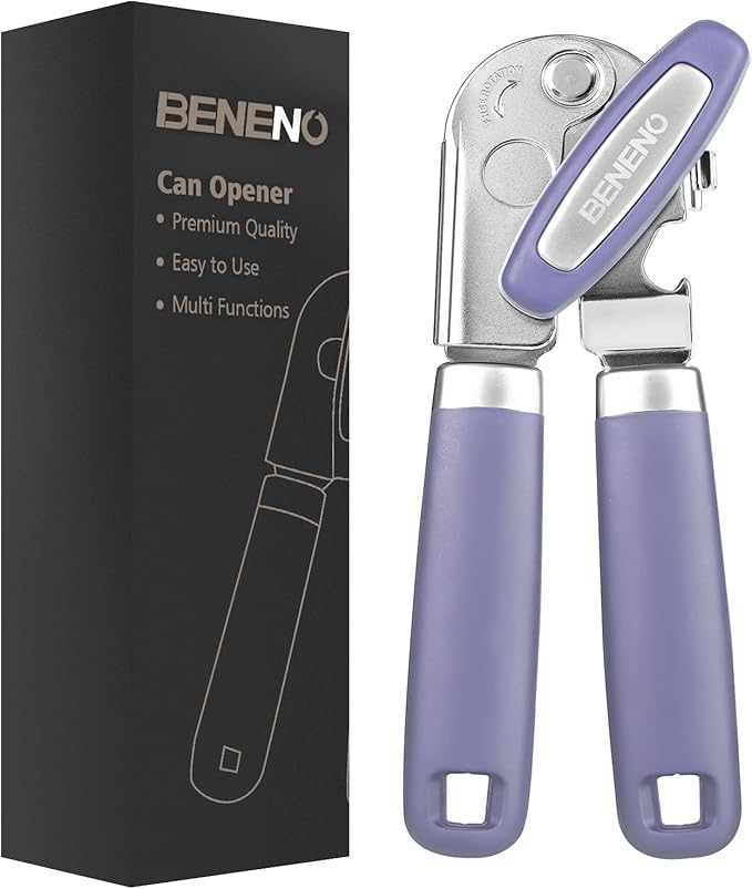 Beneno Can Opener Manual with Magnet, Hand Held Heavy Duty Can Opener with Durable Sharp Blade Smooth Edge, Big Effort-Saving Knob, Soft Grip Rubber Handle, Multifunctional Bottle Opener, Purple