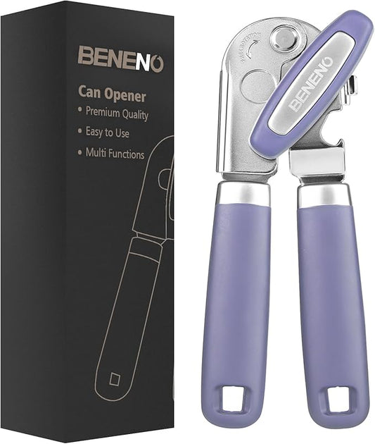 Beneno Can Opener Manual with Magnet, Hand Held Heavy Duty Can Opener with Durable Sharp Blade Smooth Edge, Big Effort-Saving Knob, Soft Grip Rubber Handle, Multifunctional Bottle Opener, Purple