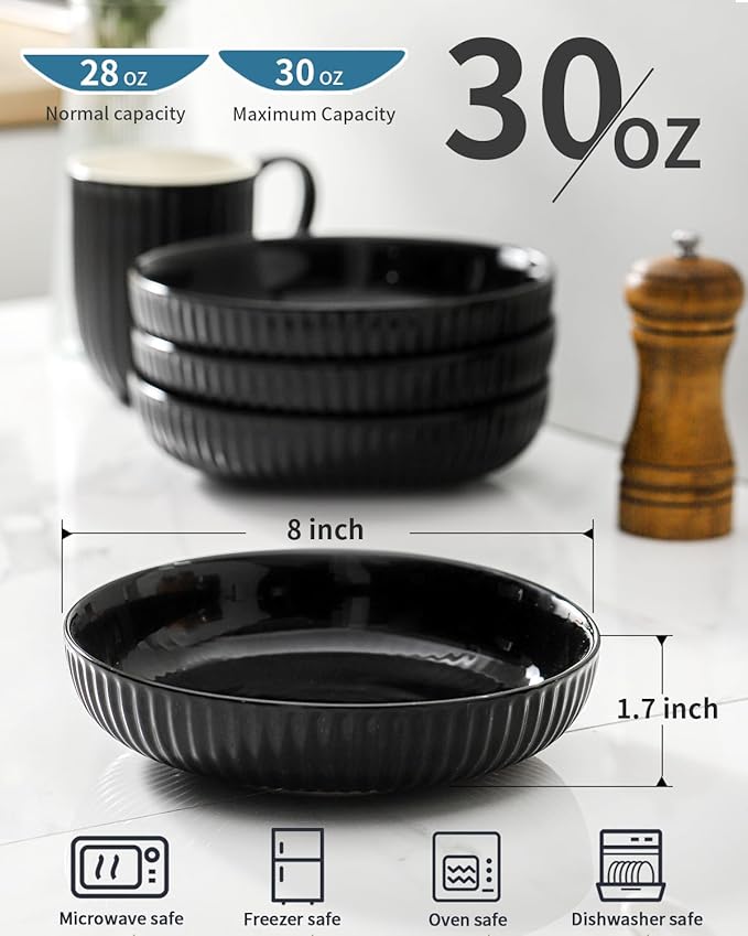 Hasense Pasta Bowls Set of 4, 30 oz Porcelain Dinner Bowls, Salad Bowls for Kitchen, Wide and Shallow Plates, Ideal Home Decor for Mother's Day Present, Microwave & Dishwasher, Oven Safe, Black