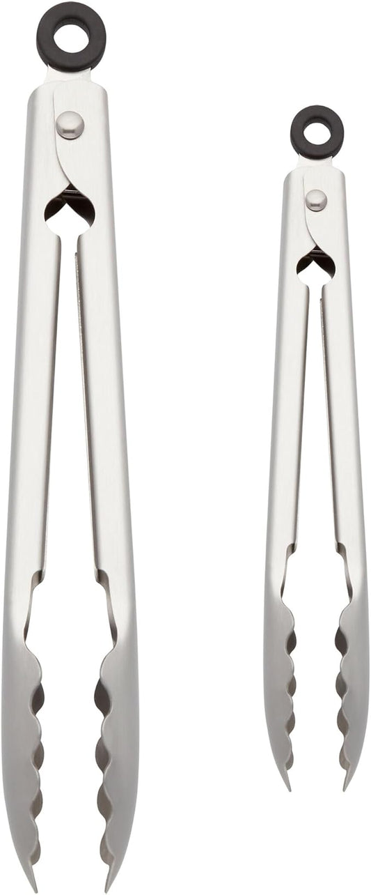 KitchenAid Set of 2 Stainless Steel Tongs with Scalloped Edges Easy Lock Dishwasher Safe Durable and Versatile 7 Inch and 9 Inch Silver